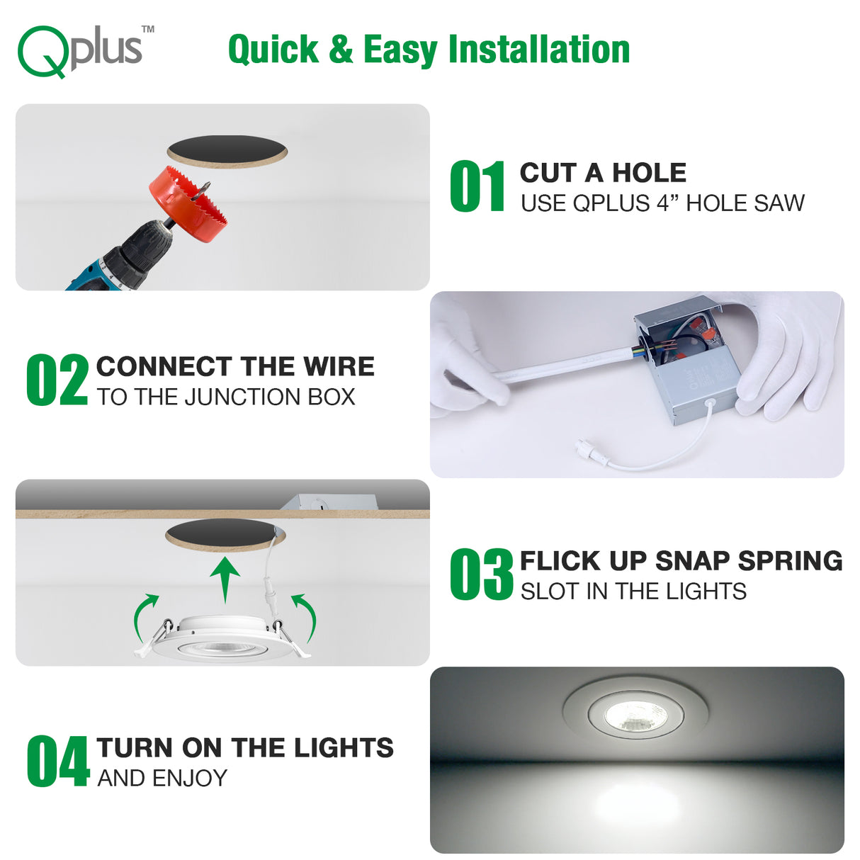 QPlus Lampe LED encastrable à cardan de 10,2 cm avec boîte de jonction en métal, 10 W, 750 lm, CCT simple, intensité variable, certifié Energy Star, répertorié ETL, classé IC, emplacement humide, garantie de 5 ans