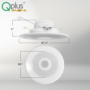 QPlus 5/6 Inch LED Retrofit Airtight Downlight, with Bluetooth Speaker, 4 Inch, 15W, 900LM, 4CCT (3000K/4000K/5000K/6500K), Beam Angle 140°, Dimmable, Energy Star Certified, ETL Listed, IC-Rated, Wet Rated, 5 Year Warranty, White Trim