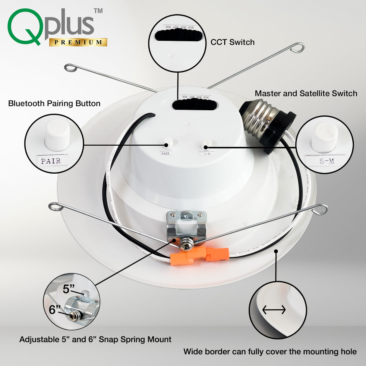 QPlus 5/6 Inch LED Retrofit Airtight Downlight, with Bluetooth Speaker, 4 Inch, 15W, 900LM, 4CCT (3000K/4000K/5000K/6500K), Beam Angle 140°, Dimmable, Energy Star Certified, ETL Listed, IC-Rated, Wet Rated, 5 Year Warranty, White Trim