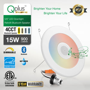 QPlus 5/6 Inch LED Retrofit Airtight Downlight, with Bluetooth Speaker, 4 Inch, 15W, 900LM, 4CCT (3000K/4000K/5000K/6500K), Beam Angle 140°, Dimmable, Energy Star Certified, ETL Listed, IC-Rated, Wet Rated, 5 Year Warranty, White Trim