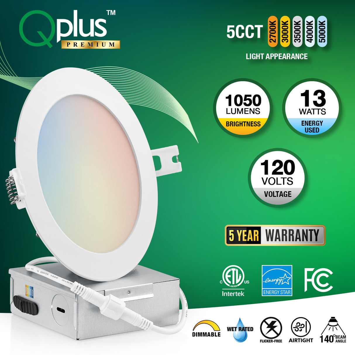 QPlus Lampe LED encastrable fine de 15,2 cm avec boîte de jonction en métal, 13 W, 1050 lm, 5 CCT (2 700 K/3 000 K/3 500/4 000 K/5 000 K), couleur variable, intensité variable, certifié Energy Star, liste ETL, classe IC, classe humide, 5 Année de garantie