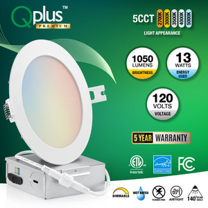 QPlus Lampe LED encastrable fine de 15,2 cm avec boîte de jonction en métal, 13 W, 1050 lm, 5 CCT (2 700 K/3 000 K/3 500/4 000 K/5 000 K), couleur variable, intensité variable, certifié Energy Star, liste ETL, classe IC, classe humide, 5 Année de garantie