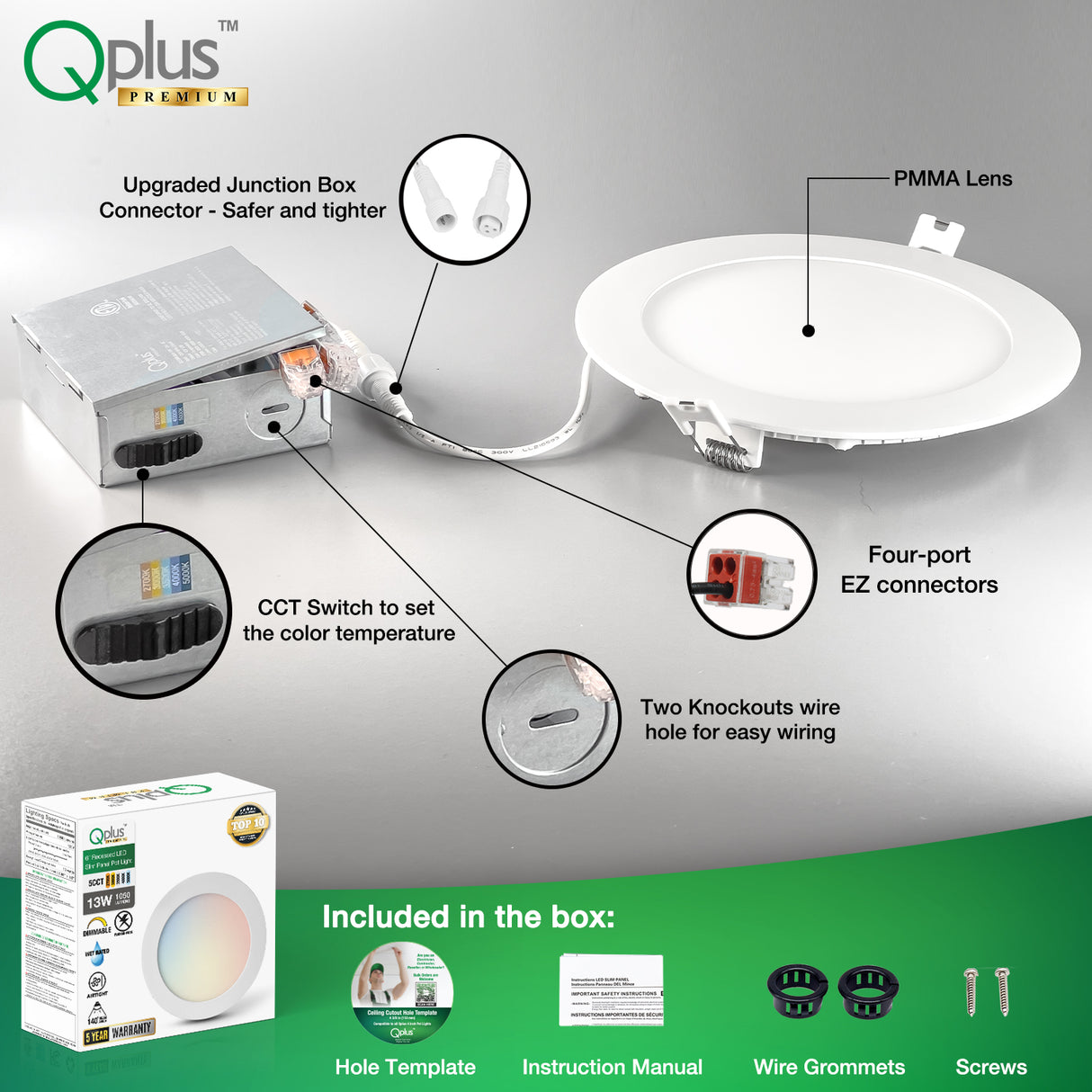 QPlus Lampe LED encastrable fine de 15,2 cm avec boîte de jonction en métal, 13 W, 1050 lm, 5 CCT (2 700 K/3 000 K/3 500/4 000 K/5 000 K), couleur variable, intensité variable, certifié Energy Star, liste ETL, classe IC, classe humide, 5 Année de garantie