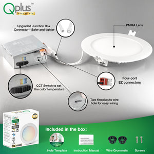 QPlus Lampe LED encastrable fine de 15,2 cm avec boîte de jonction en métal, 13 W, 1050 lm, 5 CCT (2 700 K/3 000 K/3 500/4 000 K/5 000 K), couleur variable, intensité variable, certifié Energy Star, liste ETL, classe IC, classe humide, 5 Année de garantie