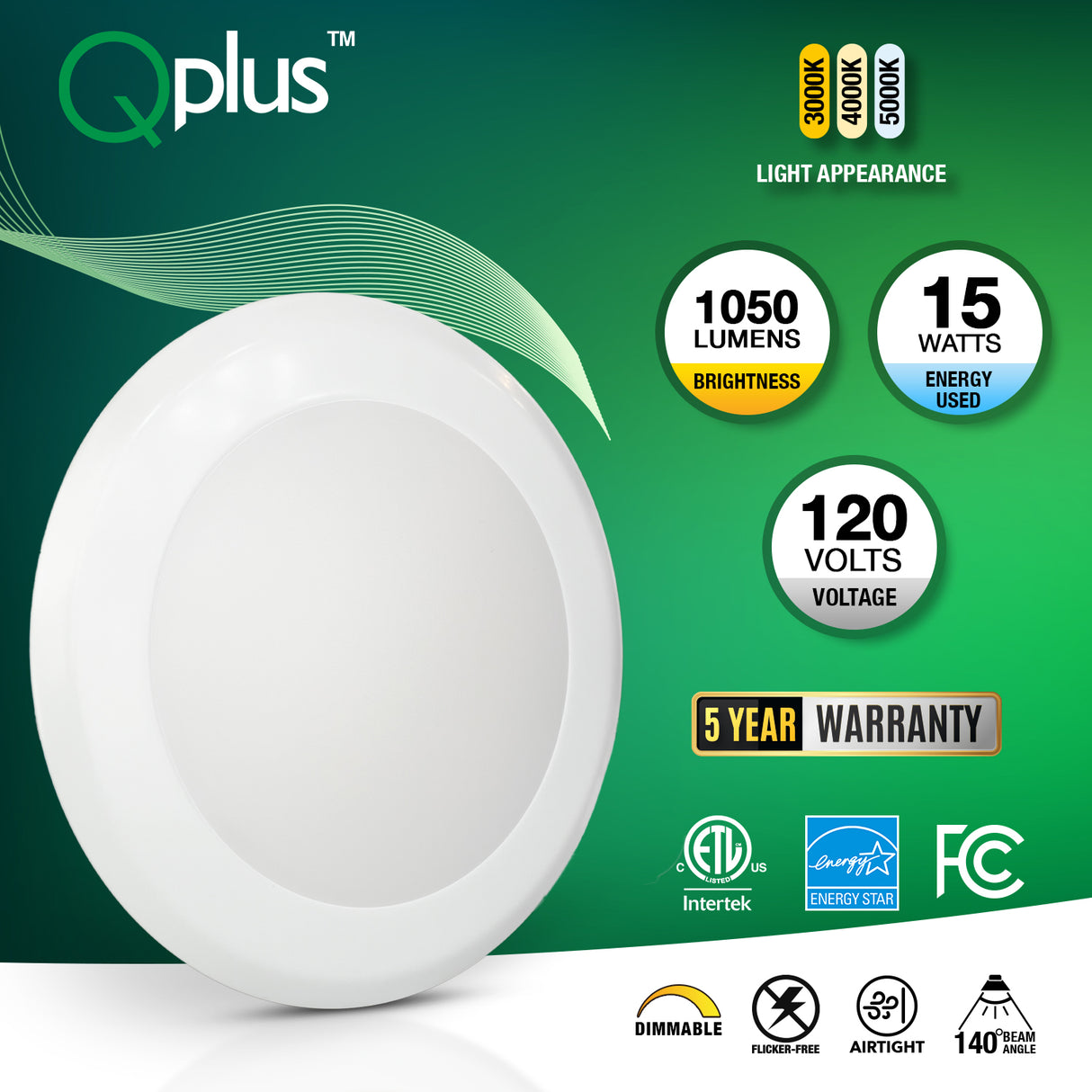 QPlus Plafonnier LED rond à intensité variable de 7,5 pouces, 15 W/1 050 lumens 