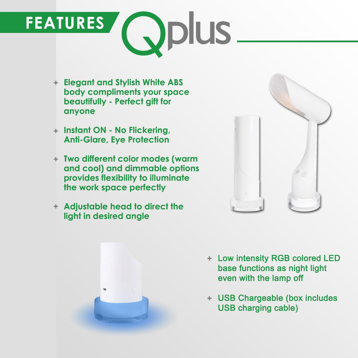 Lampe de table cylindrique rechargeable QPlus pour salle d'étude - 2 modes de couleur et base de lumière colorée