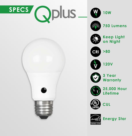 QPlus A19 LED Photocell Light Bulb, 10W, 750LM, 1CCT(3000K/4000K/5000K), Non-Dimmable, Dusk to Dawn Sensor, E26 Medium Screw Base, Energy Star Certified, UL Listed, 3 Year Warranty