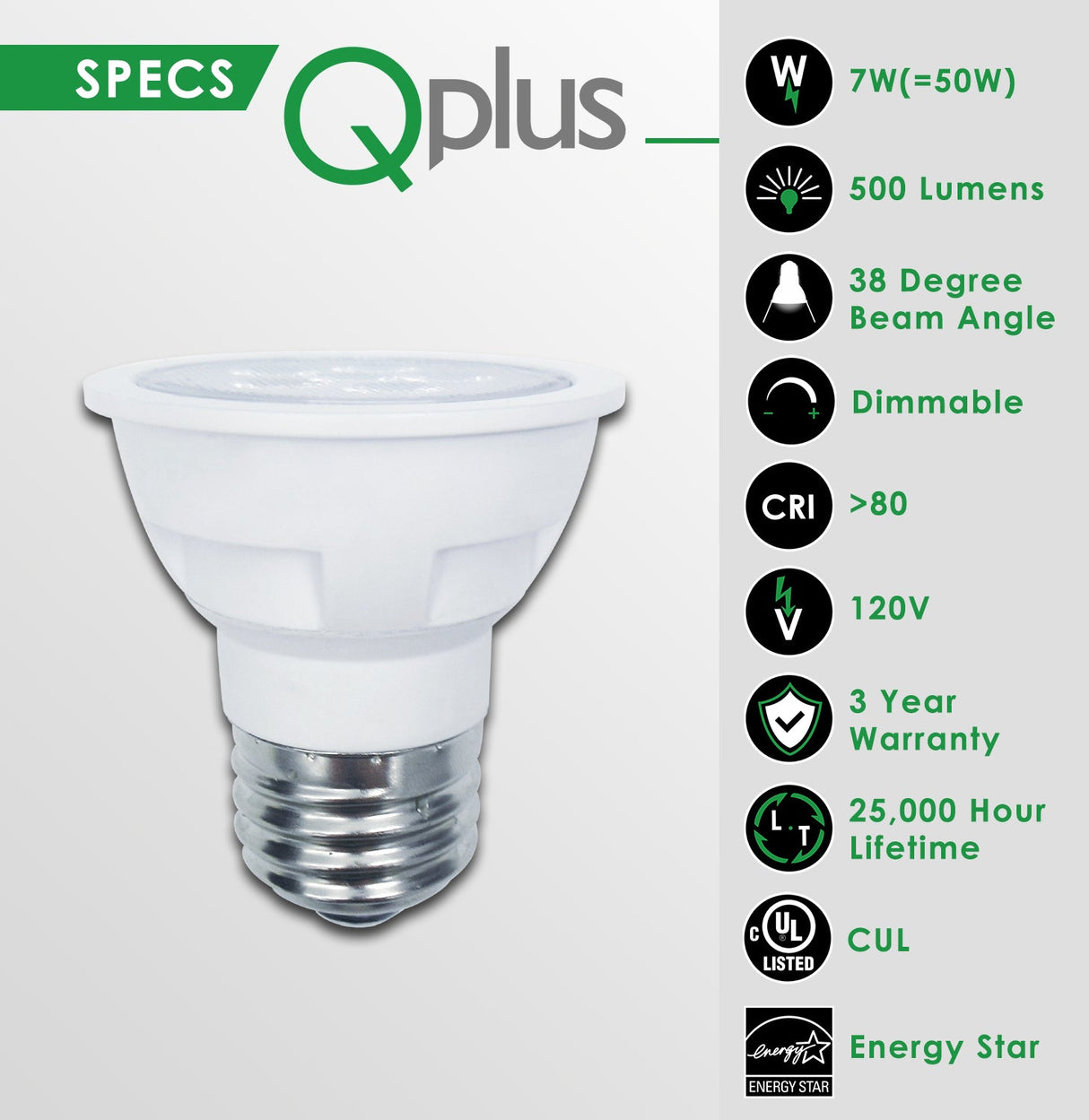 Ampoules LED QPlus PAR16 SIM COB, ampoules de plafond à col court ; 3 ans de garantie