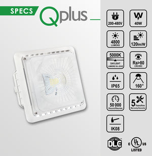 QPLUS Éclairage LED pour auvent de garage/stationnement – ​​40 W – Lumière du jour 5 000 K – IP65/cULus/277 – 480 Volts