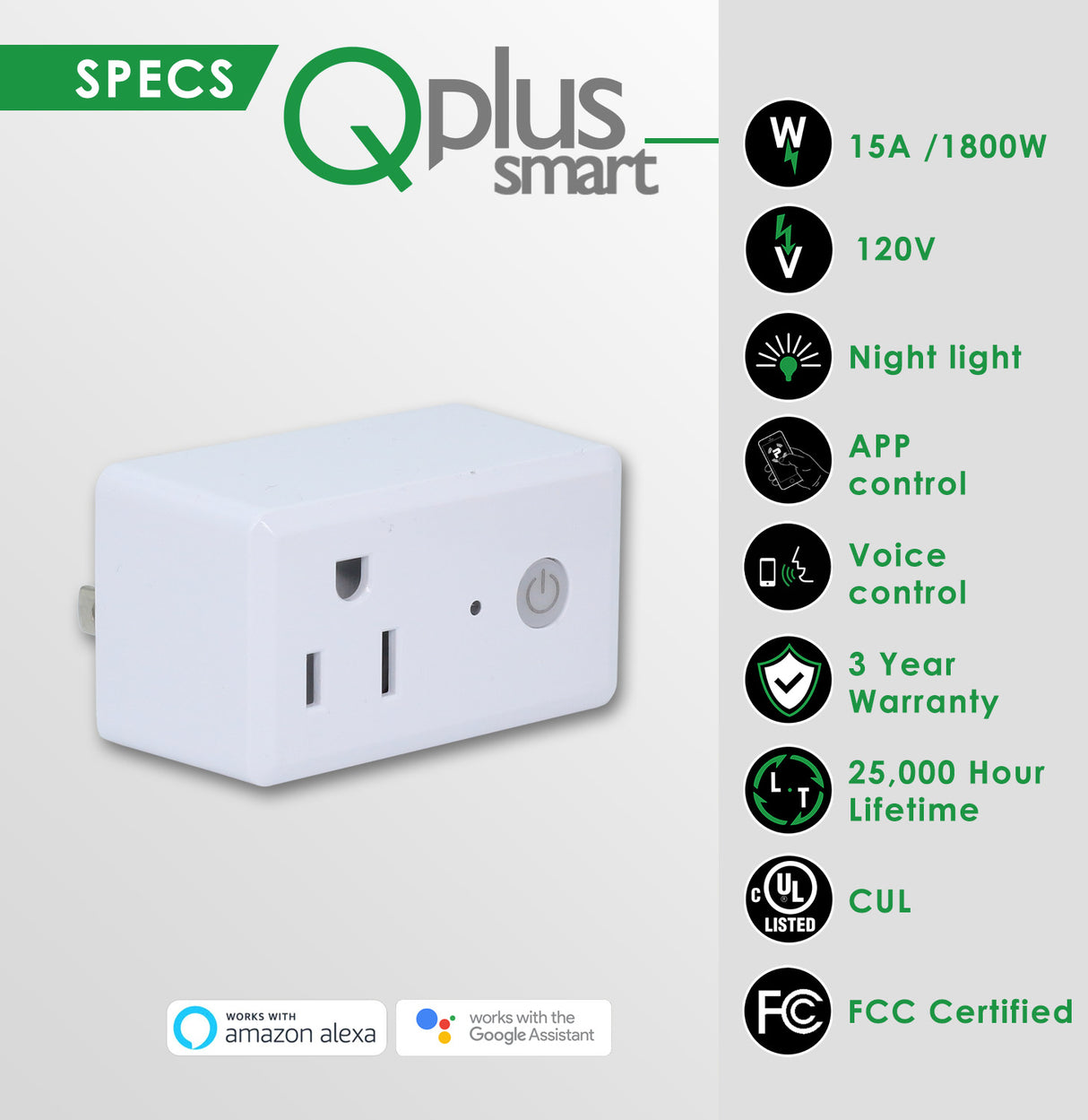 QPlus Smart Plug Socket (WiFi - No Hub) Alexa and Google Voice Control, App Control, Timer Function, FCC and cUL Certified