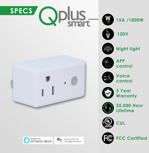 QPlus Smart Plug Socket (WiFi - No Hub) Alexa and Google Voice Control, App Control, Timer Function, FCC and cUL Certified