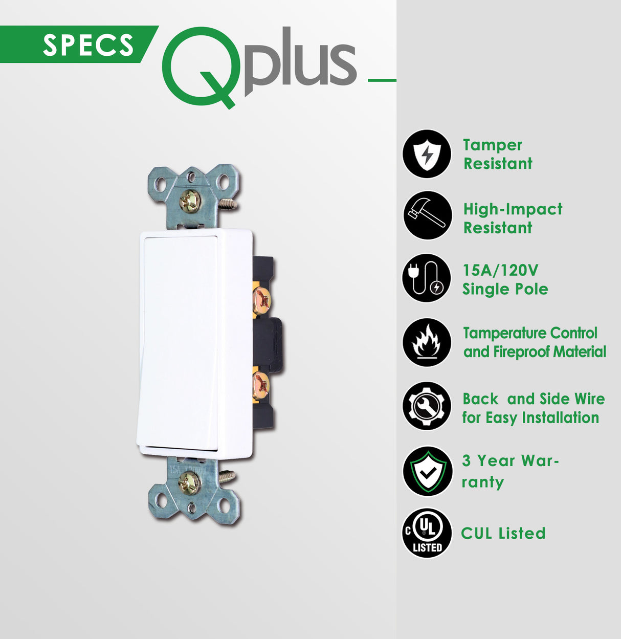 QPlus Single Pole Universal Wall Switch - cUL & FCC Certified