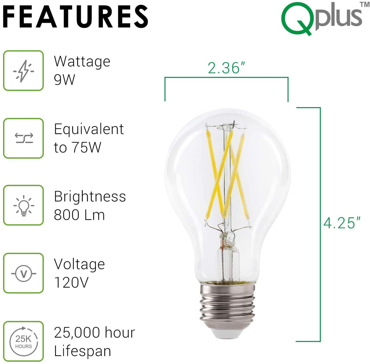 QPlus A19 LED Photocell Filament Light Bulb, 9W, 800LM, 1CCT(3000K/5000K), Non-Dimmable, Dusk to Dawn Sensor, Energy Star Certified, UL Listed, 3 Year Warranty