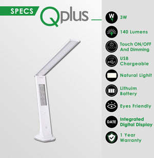 QPlus Rechargeable Elegant Slim Style LED Desk Light With Digital Display - 3 Brightness Levels