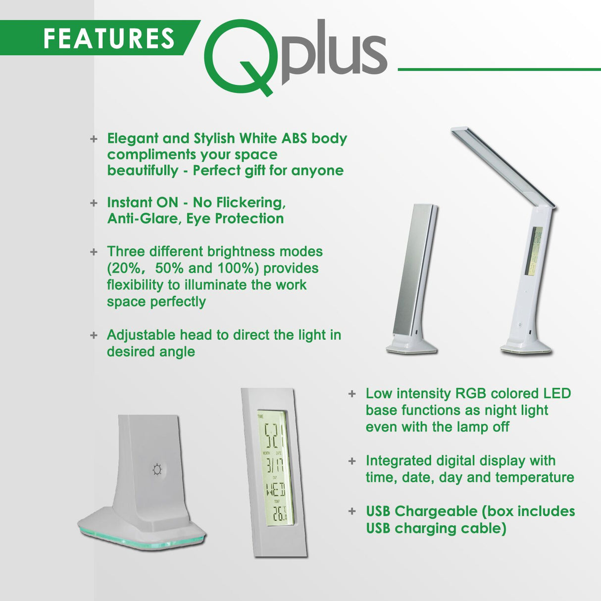 QPlus Rechargeable Elegant Slim Style LED Desk Light With Digital Display - 3 Brightness Levels