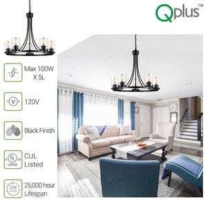 QPlus 5 Light Rustic Round Chandelier Pendant Lamp with E26 Bulb base & Clear Glass Shades - Black / Bronze - QPlus Home - Brighten Your Life