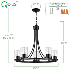 QPlus 5 Light Rustic Round Chandelier Pendant Lamp with E26 Bulb base & Clear Glass Shades - Black / Bronze - QPlus Home - Brighten Your Life