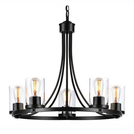 QPlus 5 Light Rustic Round Chandelier Pendant Lamp with E26 Bulb base & Clear Glass Shades - Black / Bronze - QPlus Home - Brighten Your Life