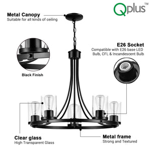 QPlus 5 Light Rustic Round Chandelier Pendant Lamp with E26 Bulb base & Clear Glass Shades - Black / Bronze - QPlus Home - Brighten Your Life