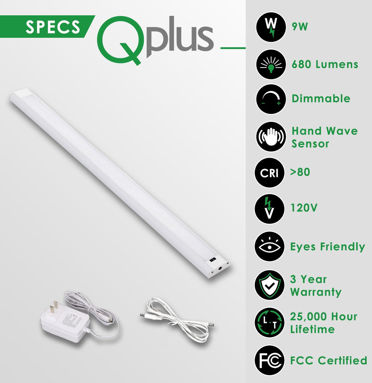 QPlus Hand Sweep Sensor Under Cabinet/Closet LED Lights with Power Adapter (Set of 2)