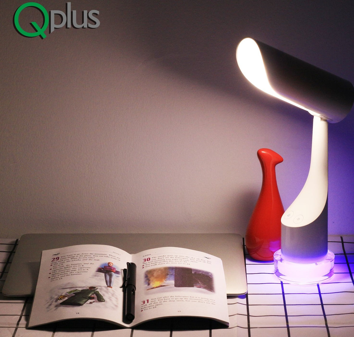 Lampe de table cylindrique rechargeable QPlus pour salle d'étude - 2 modes de couleur et base de lumière colorée